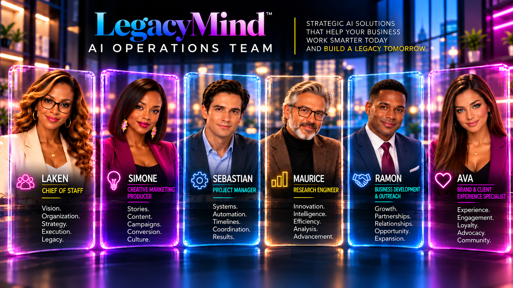 The LegacyMind AI Operations Team: Laken, Chief of Staff; Simone, Creative Marketing Producer; Sebastian, Project Manager; Maurice, Research Engineer; Ramon, Business Development and Outreach; Ava, Brand and Client Experience Specialist